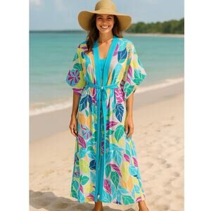 True Destinations Multicolor Floral floor length Kimono swim coverup Medium